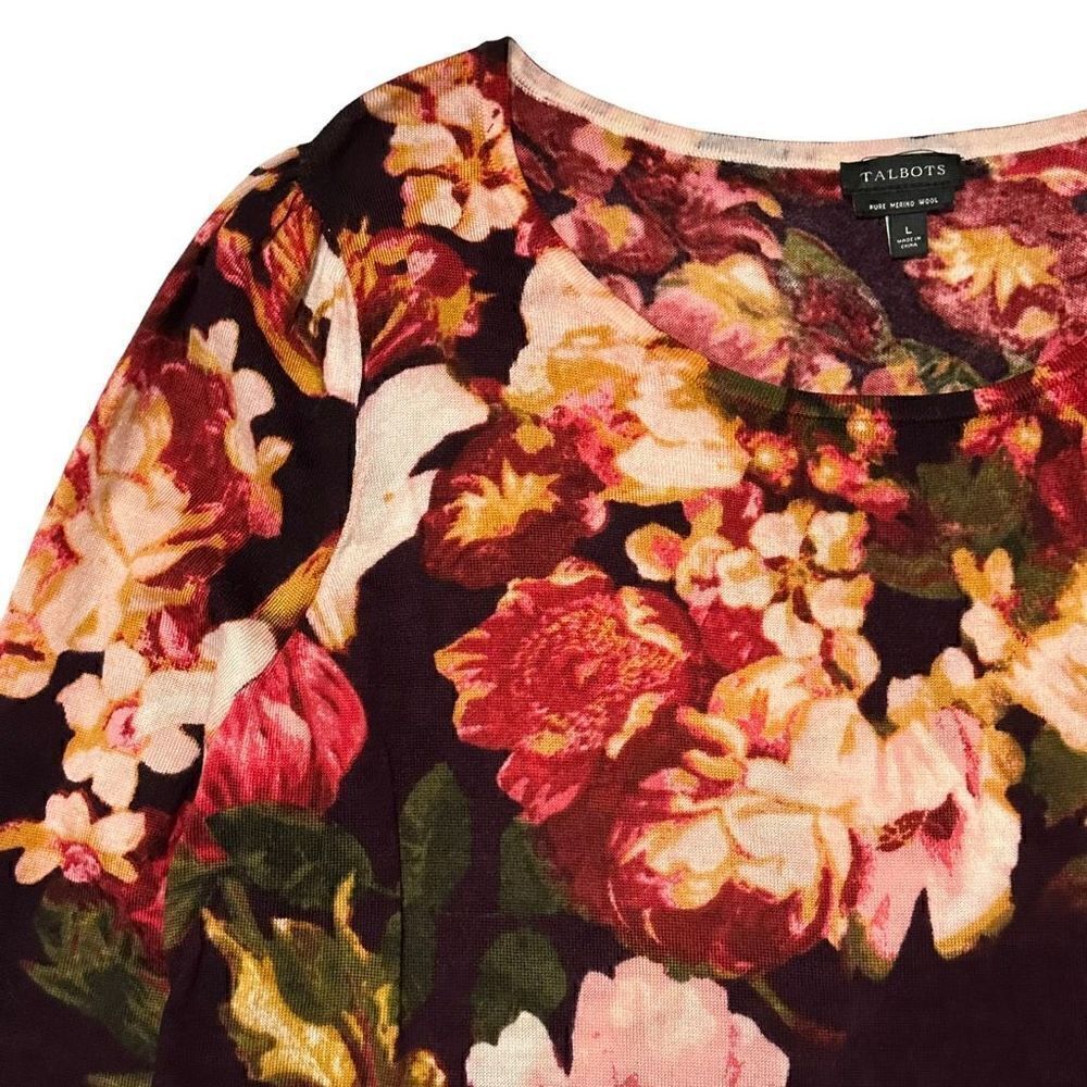 Talbots Pure Merino Wool Gathered Shoulder Sweater - Burgundy Floral, S - Picture 4 of 10
